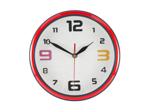 colorful round shaped wall clock with red edge isolated on white