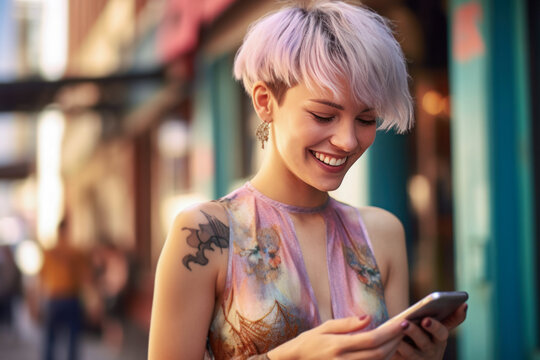 Young woman with pixie hair style looking at her phone. Generative AI.