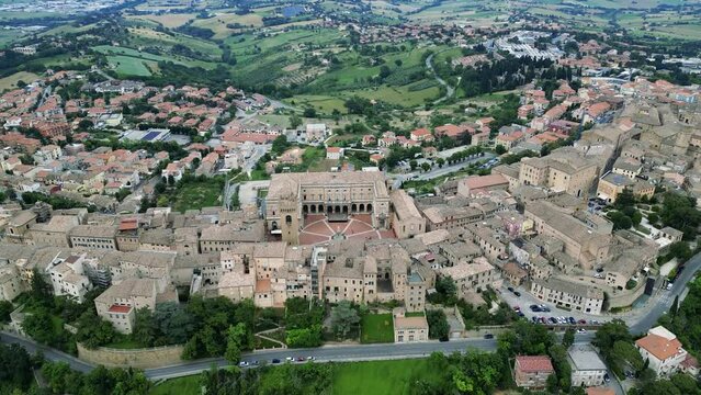 italy, june 2023 - aerial view of the medieval village of Recanati in the province of Macerata in the Marche region. The town was the birthplace of the pessimistic poet Giacomo Leopardi