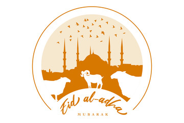 illustration vector graphic of mosque and goat in silhouette with glowing lantern for eid al adha mubarak. good for background, banner, card, poster flyer template.