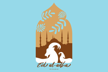 illustration vector graphic of mosque and goat in silhouette with glowing lantern for eid al adha mubarak. good for background, banner, card, poster flyer template.