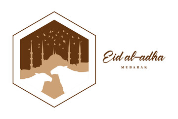 illustration vector graphic of mosque and goat in silhouette with glowing lantern for eid al adha mubarak. good for background, banner, card, poster flyer template.