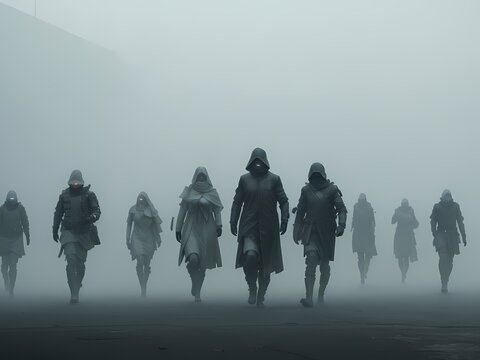 group of people walking in the fog