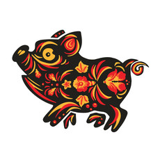 Black and red Khokhloma pig, boar, vintage and vector illustration