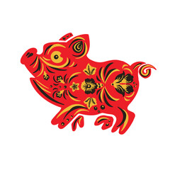 Black and red Khokhloma pig, boar, vintage and vector illustration