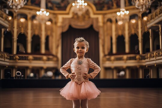 Little ballerina in a pink tutu posing in the hall