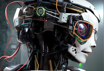 Fototapeta premium a robot artificial intelligence, cyborg, android, AI, Neural networks, Digital Twin, human-machine interfaces, wires face , computer head, Ai-Mitsu, cybernetics, cyberpunk art, future human, humanity