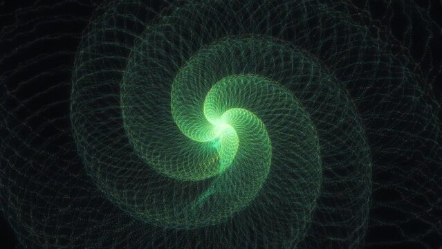 Glowing green four armed Fibonacci spiral formation particles