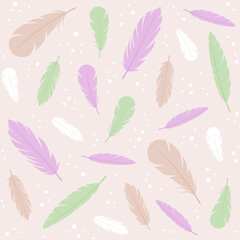 Seamless pattern with multi-colored feathers on a beige background. Flat vector illustration