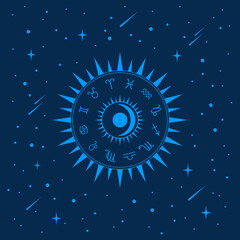 Blue zodiac circle on a dark starry space background. Vector illustration