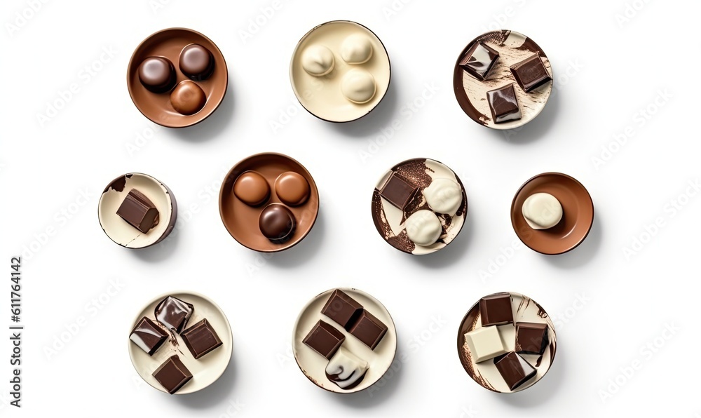 Wall mural top view of various chocolate pralines isolated on white background, generative ai