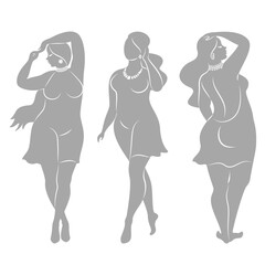 Fototapeta na wymiar Collection.Beautiful woman silhouette in modern single line continuous style. The girl is overweight. The lady is standing. vector illustration set.