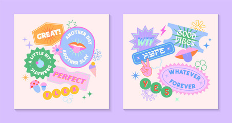 Vector set of cute templates with patches and stickers in 90s style.Modern symbols in y2k aesthetic with text.Trendy funky designs for banners,social media marketing,branding,packaging,covers