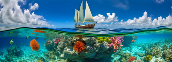Stunning sailboat gliding on pristine waters, surrounded by lively coral reef teeming with marine life and dazzling color array. Enhanced underwater hues captivate emotions. Generative AI