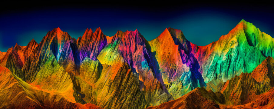 Enchanting mountain range with vibrant color gradient peaks, evoking wonder and enticing exploration; an extraordinary, unique touch to nature's beauty. Generative AI