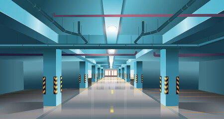 underground parking without cars. Basement garage interior with markings and columns. Vector illustration.
