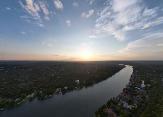 Aerial view of Lake Austin, via Mount Bonnell, with downtown's skyline to the left and the Pennybacker Bridge to the right. 