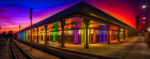 Captivating image of a train station platform at twilight with rainbow-hued lights, inviting passengers on an unforgettable journey. Emotionally impactful! (). Generative AI