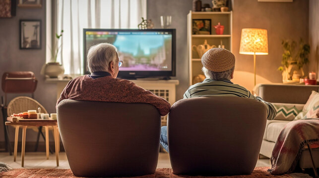 Backview of an elderly male gay couple sitting in the living room and watching TV together. Cosy interior, lgbtqia+ theme, lgbtq, indoors