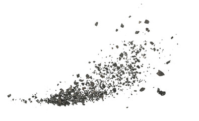 Black coal dust with effect fragments explosion isolated on white background and texture, clipping...