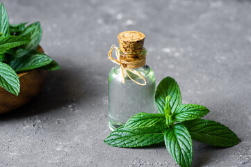 Glass bottle of peppermint essential oil with fresh green mint leaves on rustic background © mescioglu