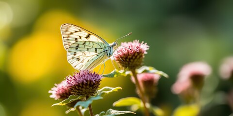 Obraz premium AI Generated. AI Generative. Green flower feld with butterfly inseect. Chill relax calm vibe. Graphic Art