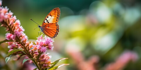 Obraz premium AI Generated. AI Generative. Green flower feld with butterfly inseect. Chill relax calm vibe. Graphic Art