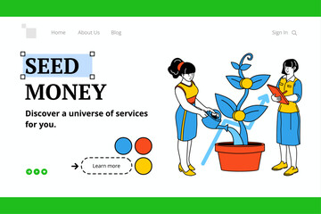 Women watering money plant Illustration. Growth Financial investment concept.