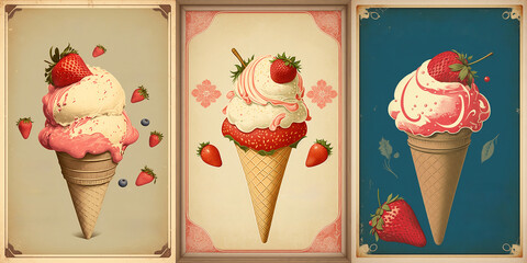 Vintage delicious strawberry ice cream in waffle cup. Retro posters set of sweet berry dessert as concept for National Ice Cream Day. Generative AI
