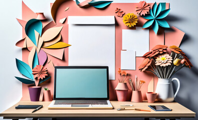 Photo interior wall with flower vase with laptop smartphone on worktable with mock up tablet background ai
