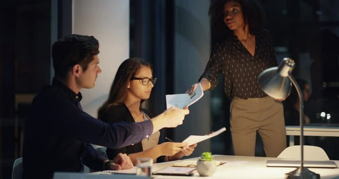 Project management, team communication and giving documents, report portfolio or deadline paperwork. Collaboration, diversity teamwork and night staff, workforce or group working on overtime research