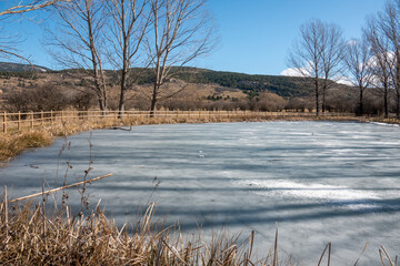 Frozen pond in Alcala de la Selva Teruel Aragon Spain