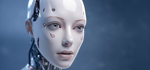 Baner with stylish handsome cyborg head in profile on a blue bokeh background. Futuristic woman with copy space. Generative AI