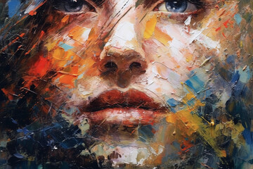 Painted colorful abstract surreal female face.
Landscape 3:2 aspect ratio.
Generated with AI