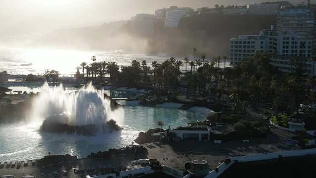 Aerial sunrise view over Puerto de la Cruz in Tenerife