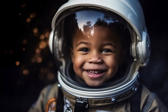 child boy that is wearing an astronaut suit against an outer space backdrop background