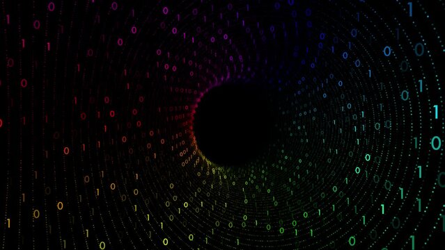 Dark colourful binary code tunnel loop animation.