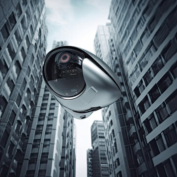 Flying security dron camera outdoors in street between skyscrapers. Private property protection on urban background. Futuristic observation concept.AI generative