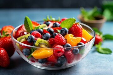 Appetizing delicious fruit salad with berries. The concept of proper nutrition and vitamins in the crop. AI generated