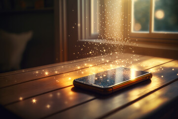 Captivating magical sparks from a smartphone on elegant wooden desk, bathed in warm antique light streaming through the window, stirring emotions & allure. Generative AI