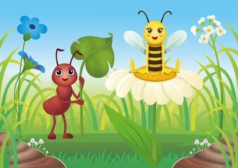 Cartoon background with ant and bee. Summer Landscape of field with grass and cartoon insects blue sky background. Vector illustration in cartoon style