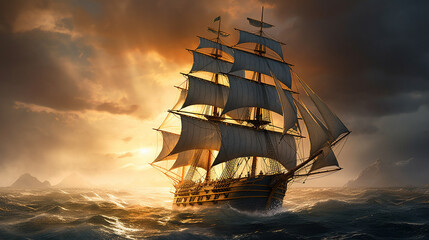 Fototapeta premium Drawing sailing ship ocean with the scenery storm cruise picture AI generated art