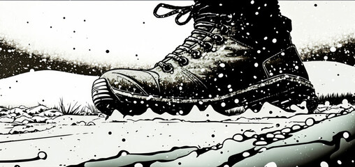 Captivating image of a hiking boot in snow, conveying the excitement of winter adventures and enticing viewers with its vivid depiction of frosty outings. Generative AI