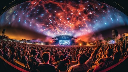 Create a vibrant and energetic image of a music festival, capturing the excitement and joy of the crowd.