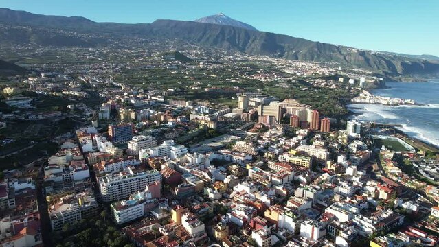 Aerial sunrise view over Puerto de la Cruz in Tenerife