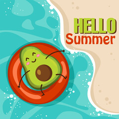 A cheerful avocado glides through the waves on an inflatable ring. Vector illustration