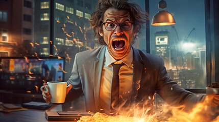 The boss is angry at the employees and sales staff in the business center, the director explodes with anger and rage over the bankruptcy. Created with AI.