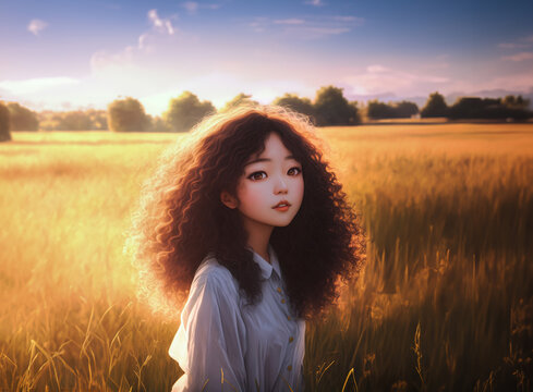 Beauty asian girl in a sunlit field. Generative AI.