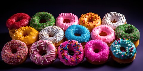 AI Generated. AI Generative. Photo illustration of sweet deserts donuts bright color. Present party vibe. Graphic Art