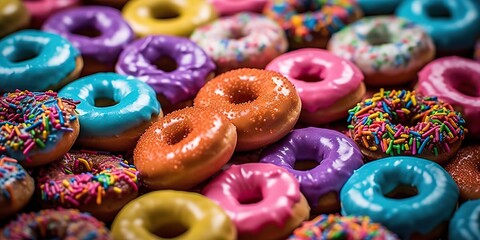 AI Generated. AI Generative. Photo illustration of sweet deserts donuts bright color. Present party vibe. Graphic Art